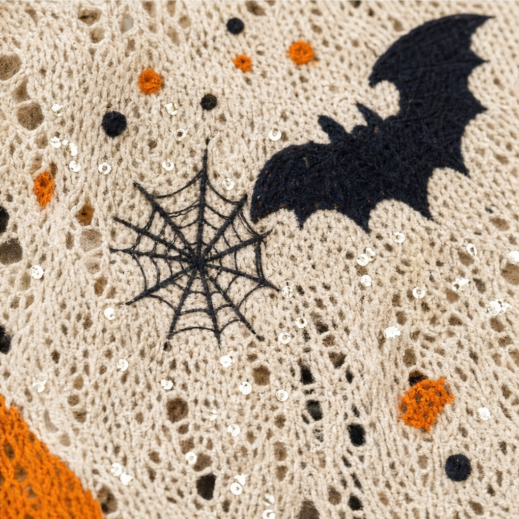 Close-up of cream knit fabric with an embroidered black bat, spiderweb and silver sequins