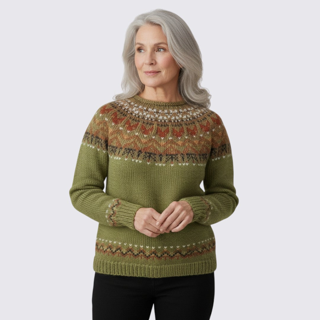 Green crew neck sweater with a patterned Fair Isle yoke