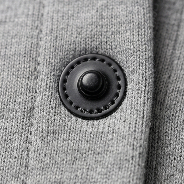 Close up of a black stitched button on grey knit cardigan fabric