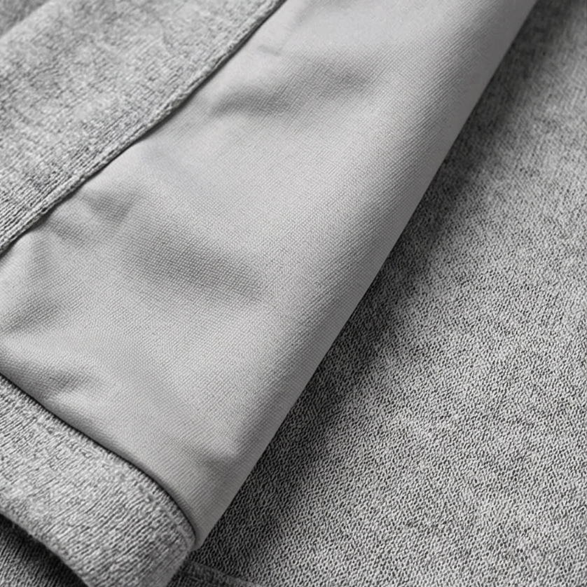 Close-up of a grey hooded cardigan jacket sleeve showing the smooth cuff panel and knit texture