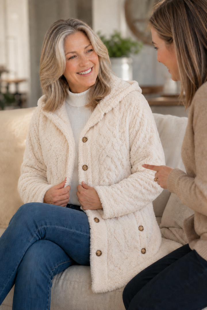 Two women on a sofa, one in a cream cable fleece hooded coat