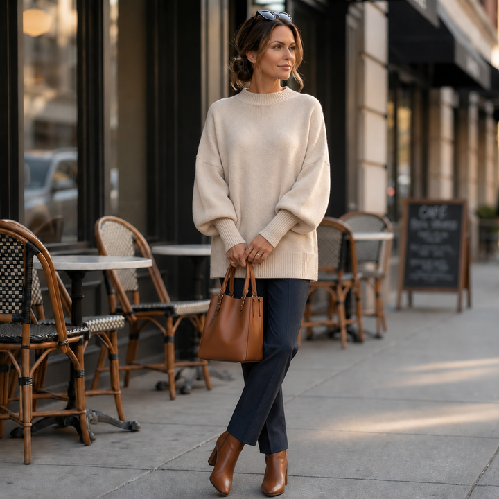 Woman on a city street in a cream oversized crew neck sweater with dark trousers and tan boots