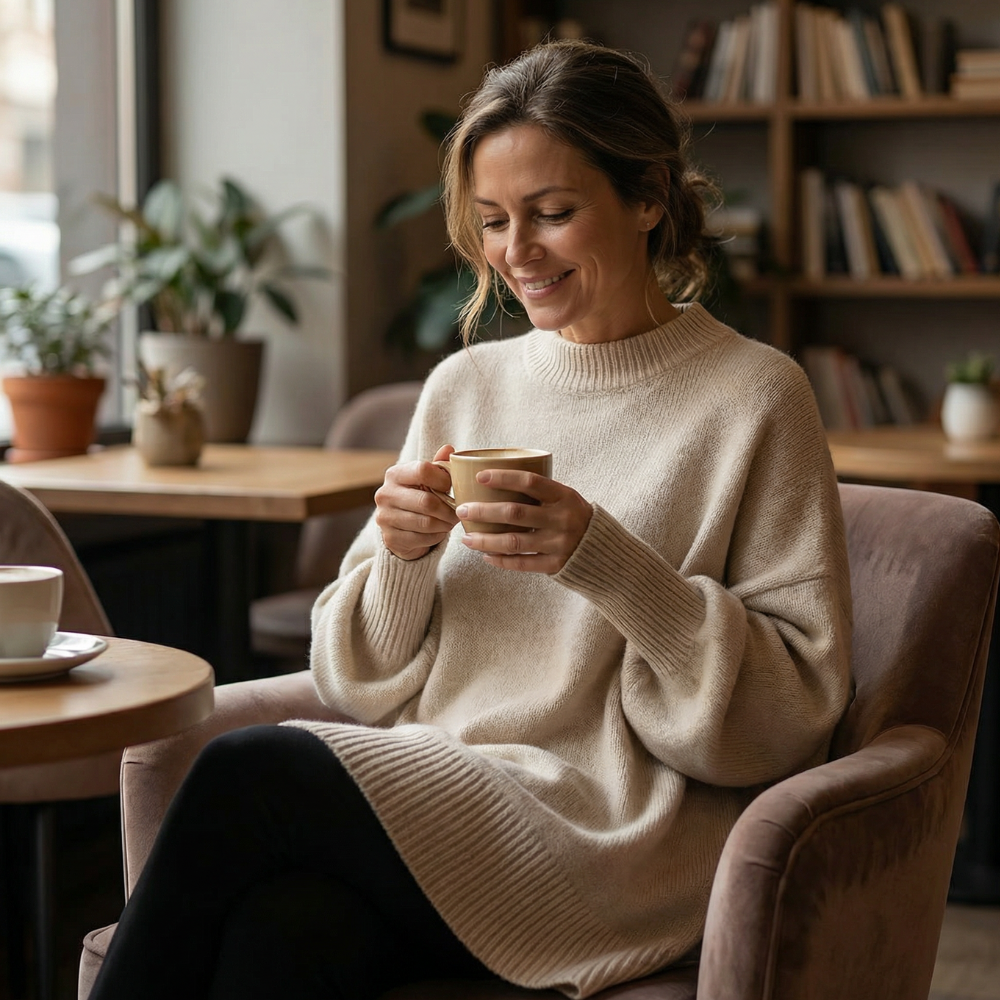Woman in a cream oversized wool blend sweater holding a coffee cup in a cafe armchair