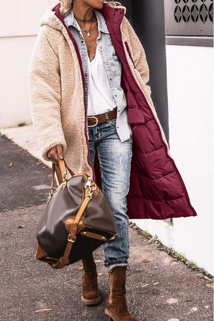 Cream faux shearling longline coat with burgundy quilted reverse side, worn open
