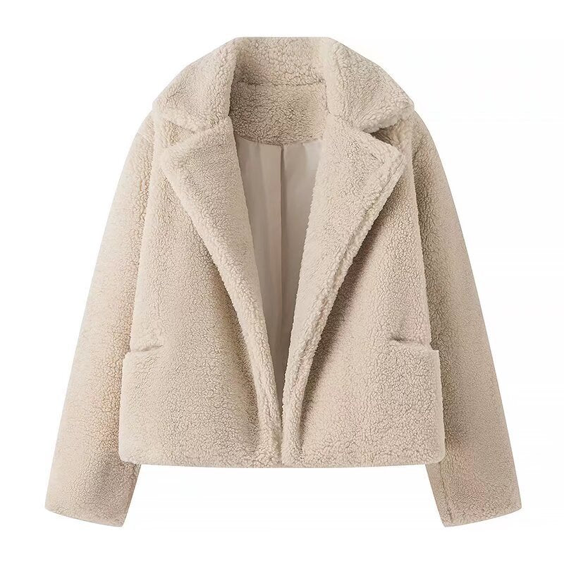 Cropped Teddy Jacket with Wide in Beige | Valenira