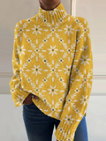Yellow turtleneck sweater with a daisy and vine lattice pattern