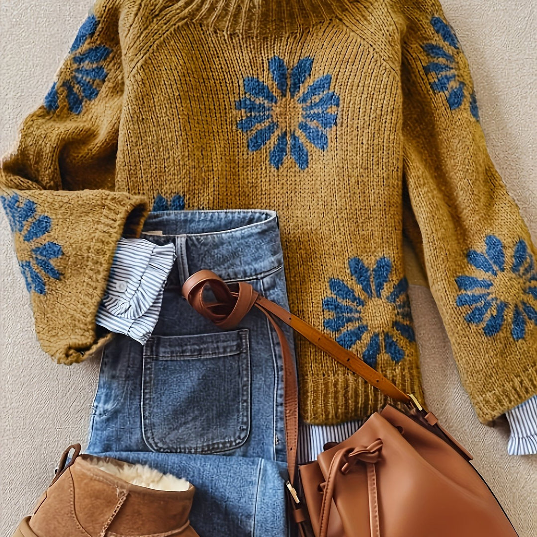 Daisy Motif Knit Sweater in Yellow | Valenira