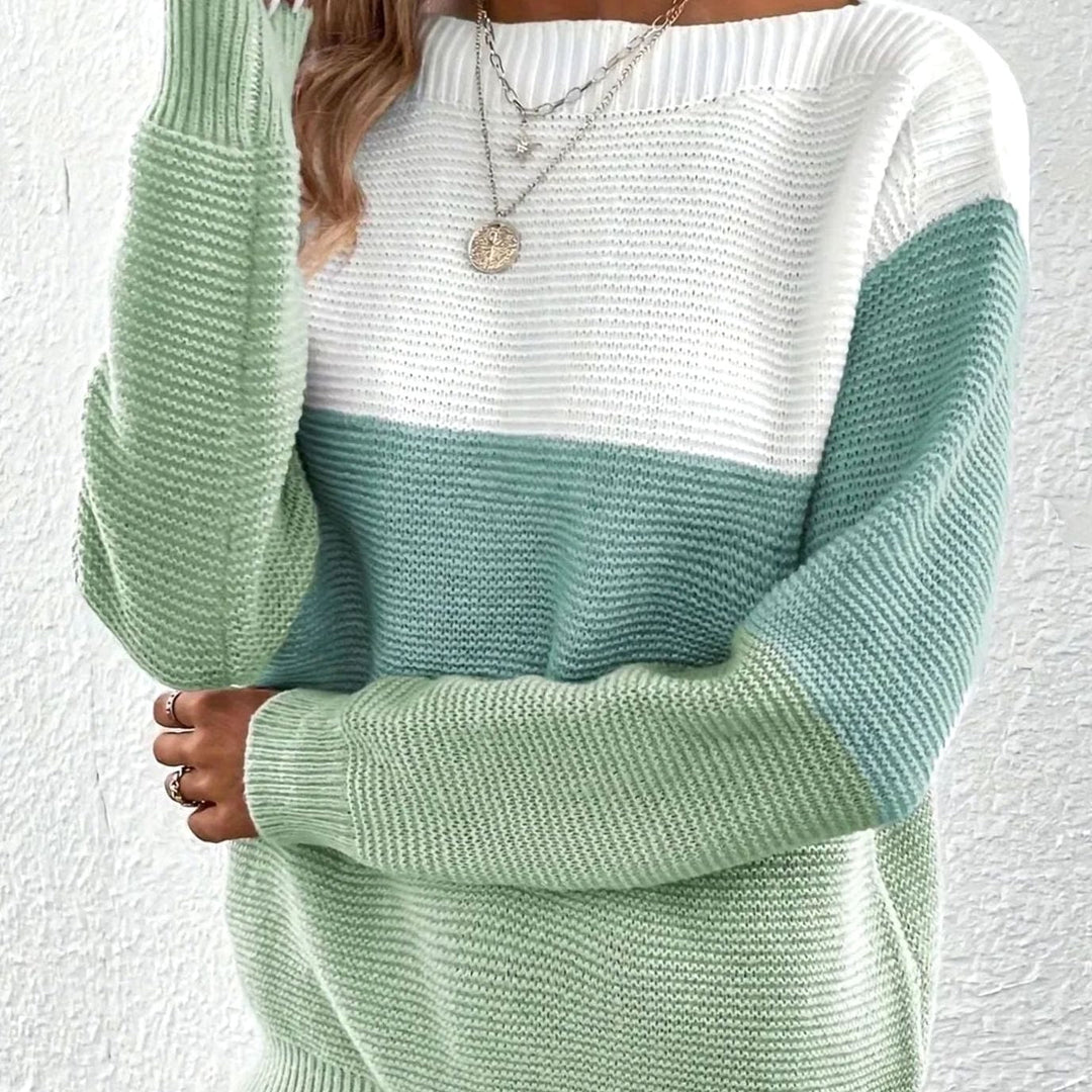 Relaxed fit sweater in white, sage and soft green colour blocks with a boat neck