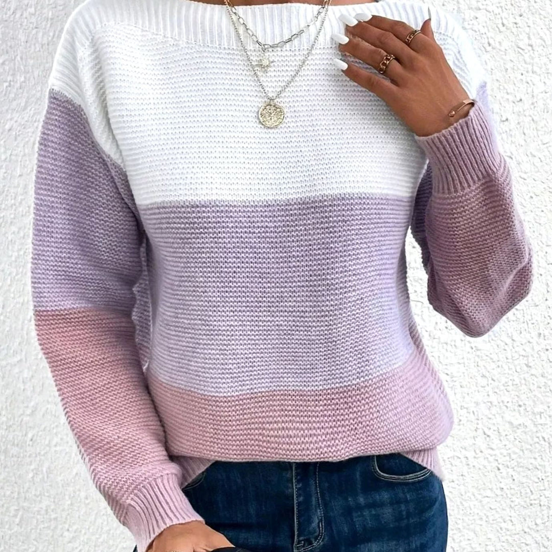 Relaxed fit sweater in white, lilac and dusty pink colour blocks with a boat neck