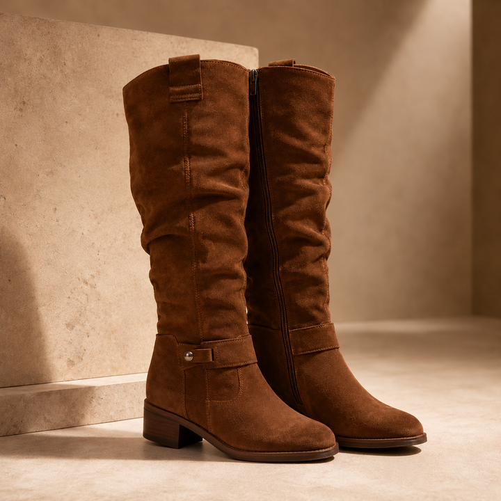 Dark brown suede knee high boots with a slouched shaft