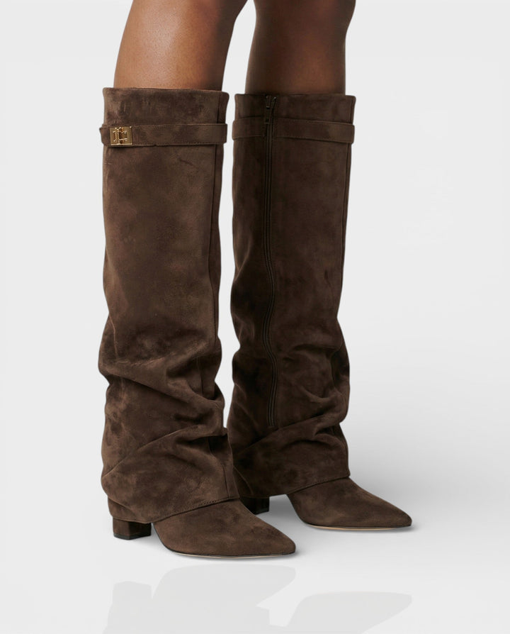 Dark brown suede foldover knee boots worn with bare legs