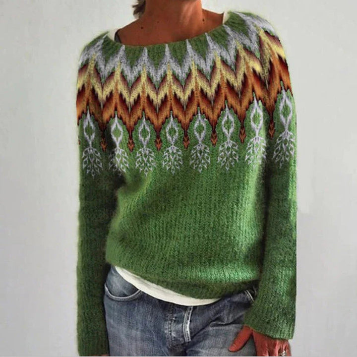 Green knit pullover with a wide patterned yoke at the shoulders