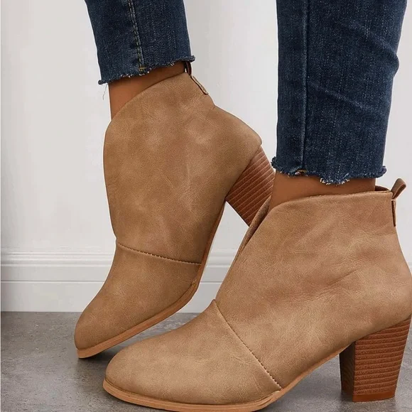 Camel deep V ankle boots with a stacked block heel