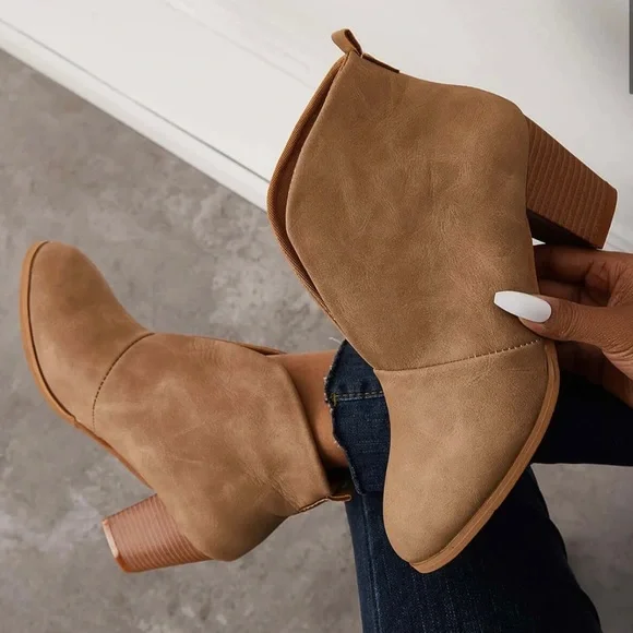 Camel faux suede ankle boot with a back pull tab, side view