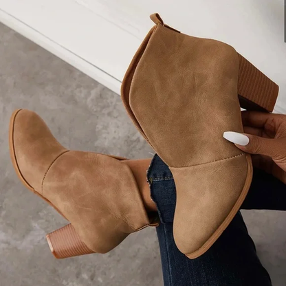 Camel faux suede ankle boot with a back pull tab, side view