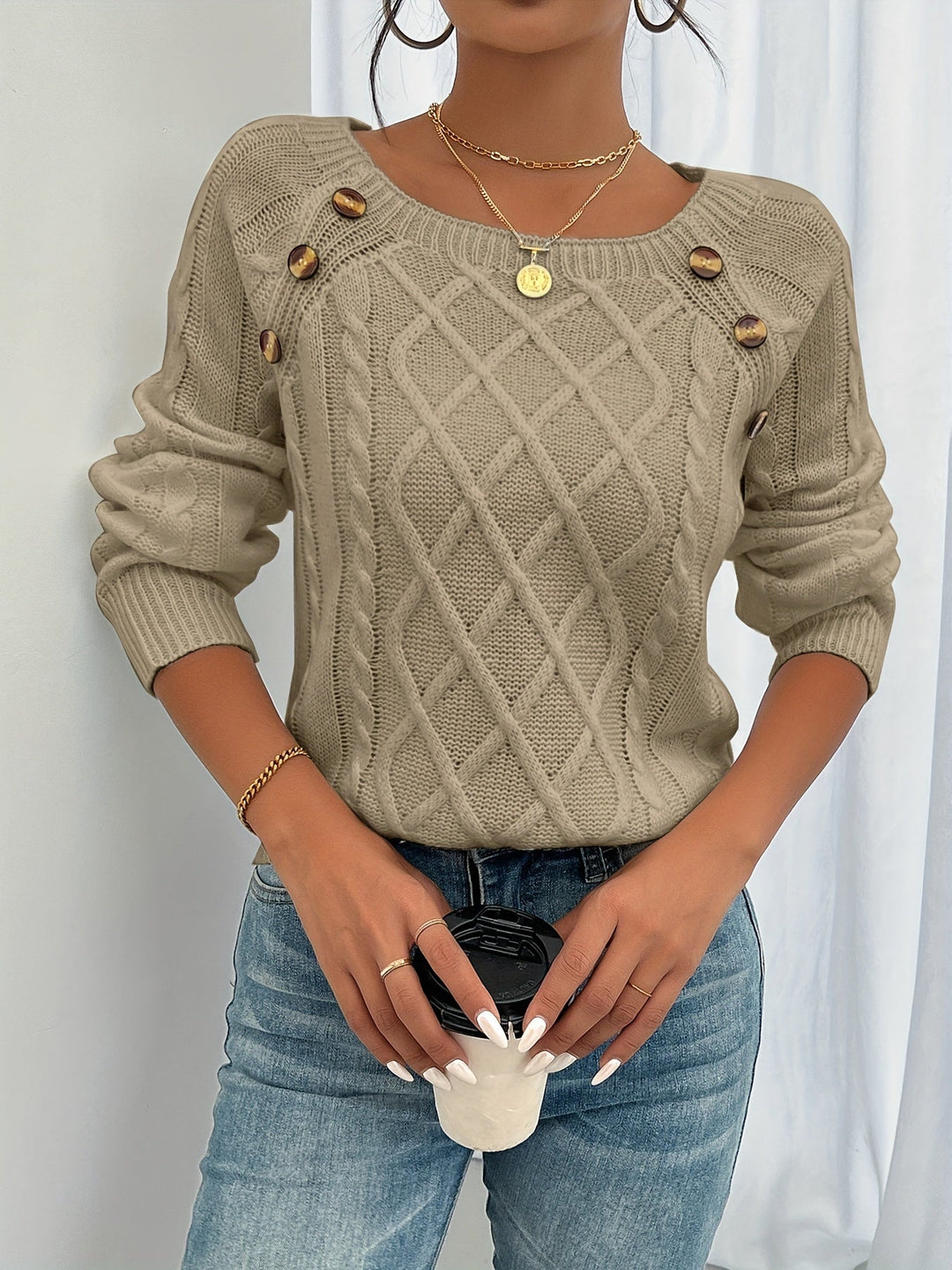 Diamond Cable Button Sweater in Dark Gray | Valenira