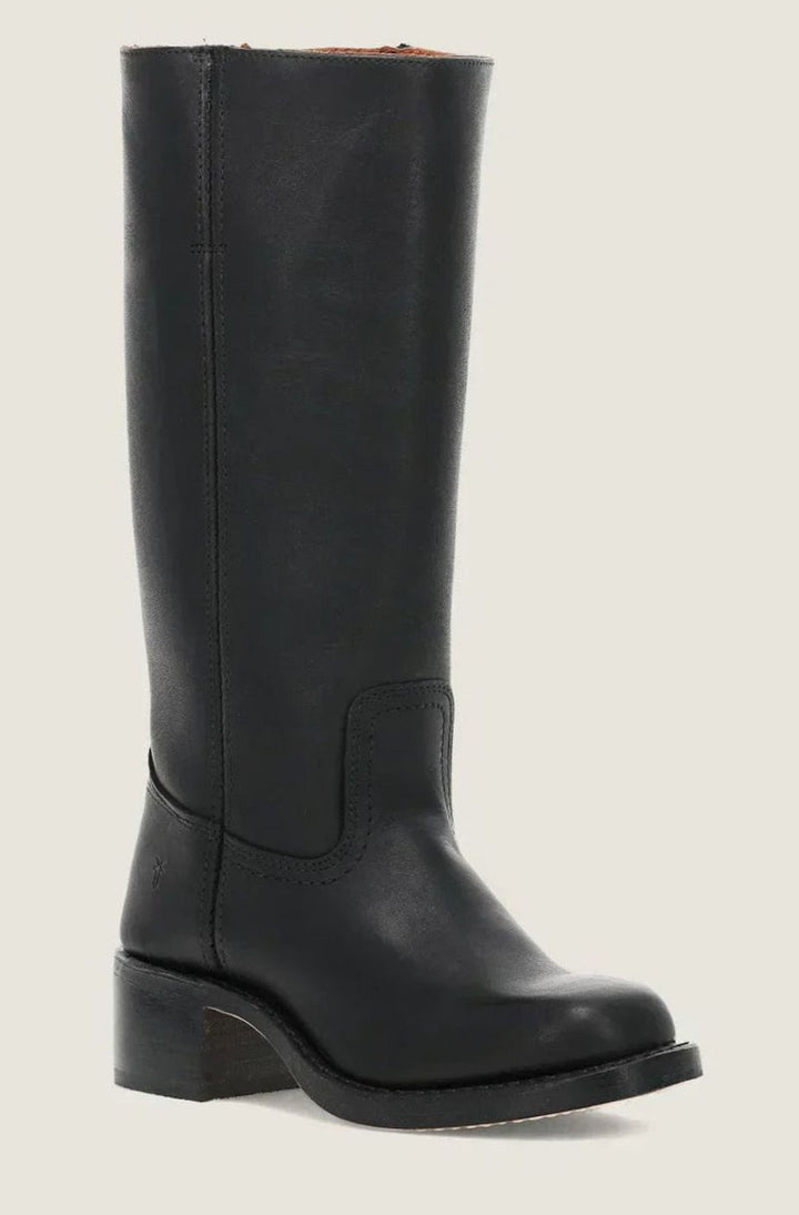 Black leather mid calf pull on boot with a stacked block heel, angled view