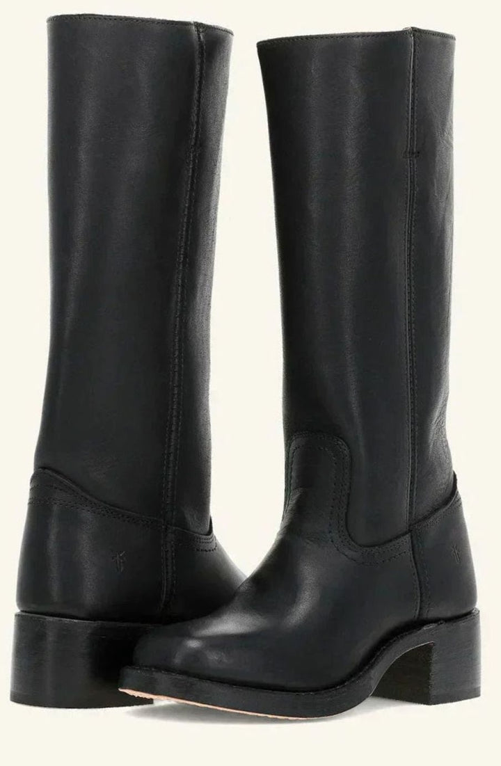 Pair of black leather pull on boots with a stacked block heel, shown from the front and side