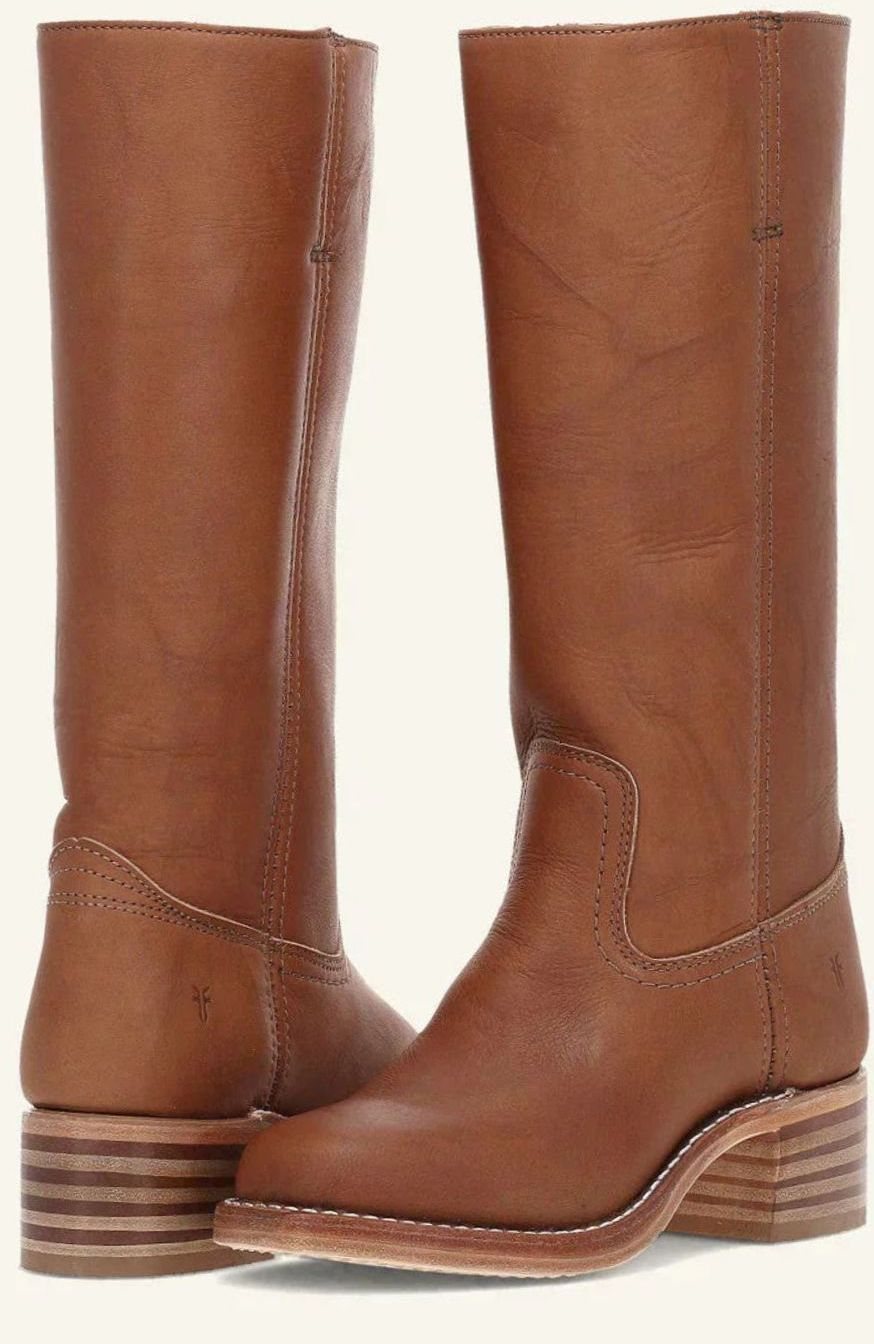 Pair of tan leather pull on boots with a stacked wooden heel, shown from the front and side