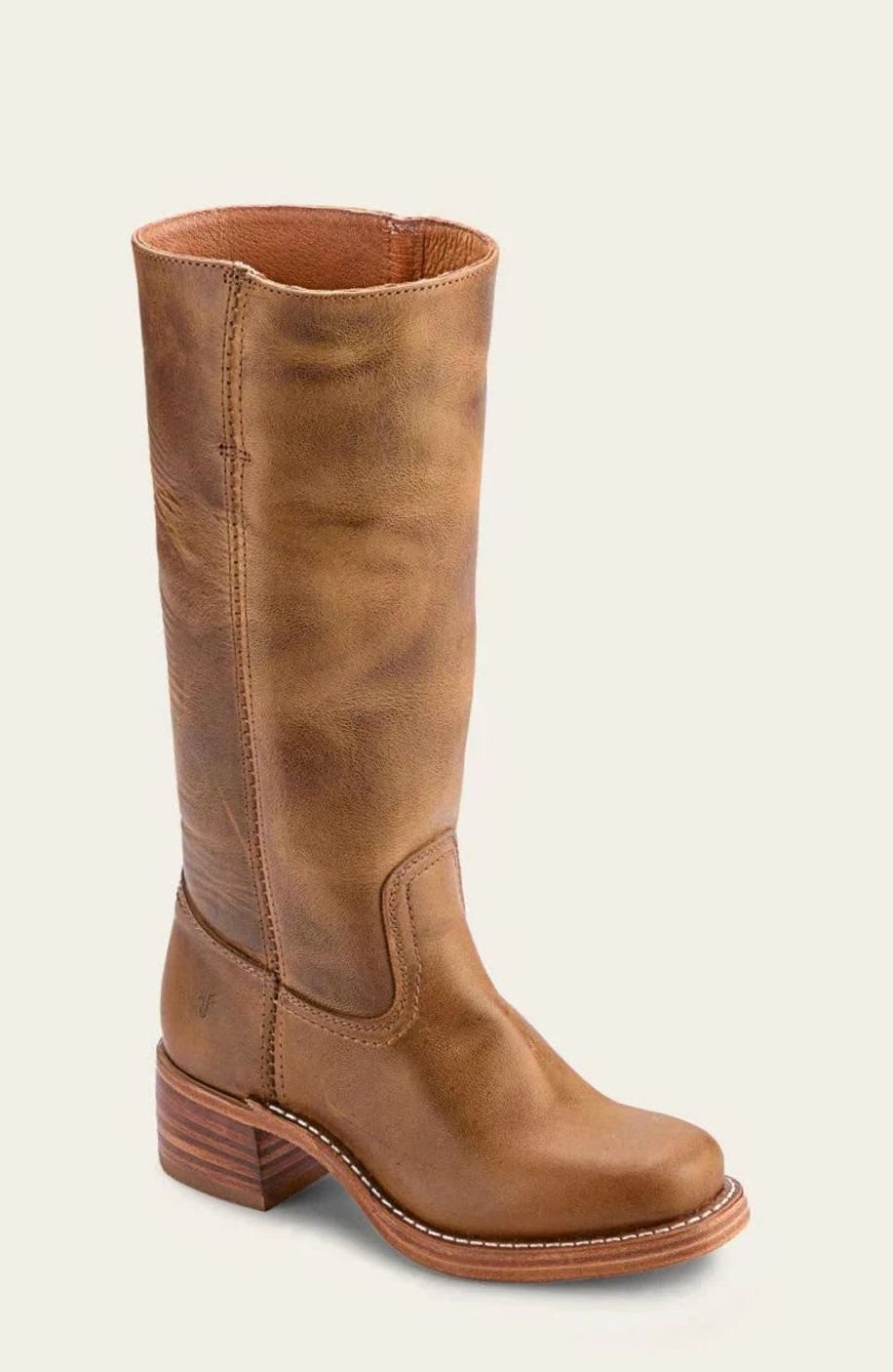 Single tan leather pull on boot with a stacked wooden heel, front angle