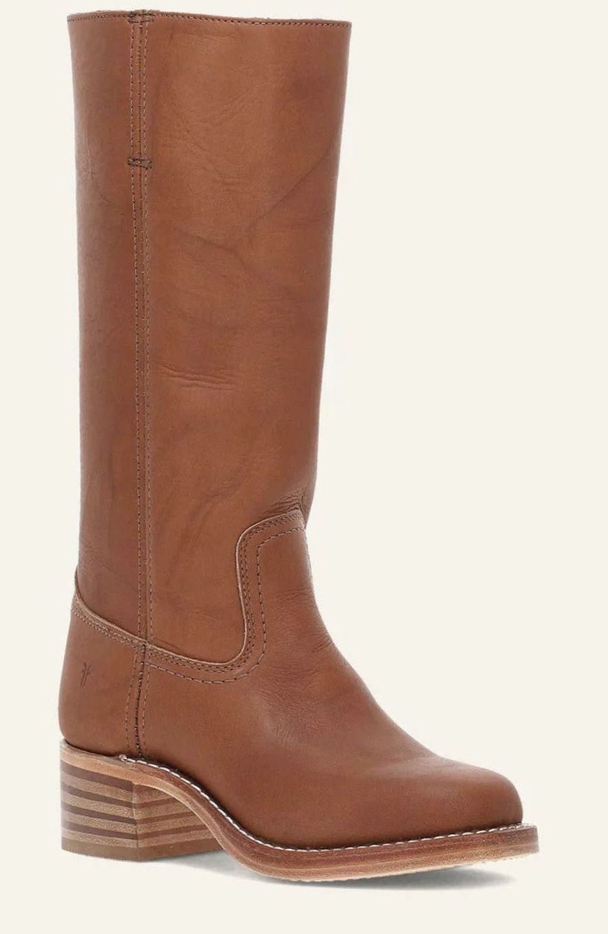 Single tan leather pull on boot with a stacked wooden heel, shown at an angle