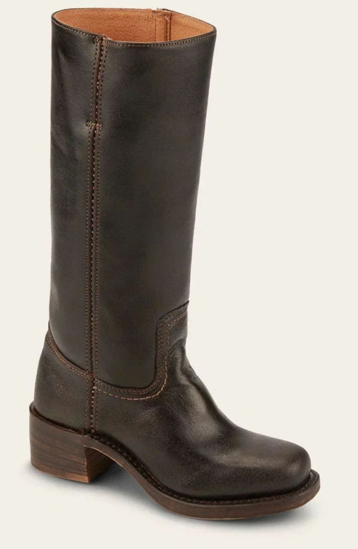 Dark brown tall pull on leather boot with stacked heel, angled front view