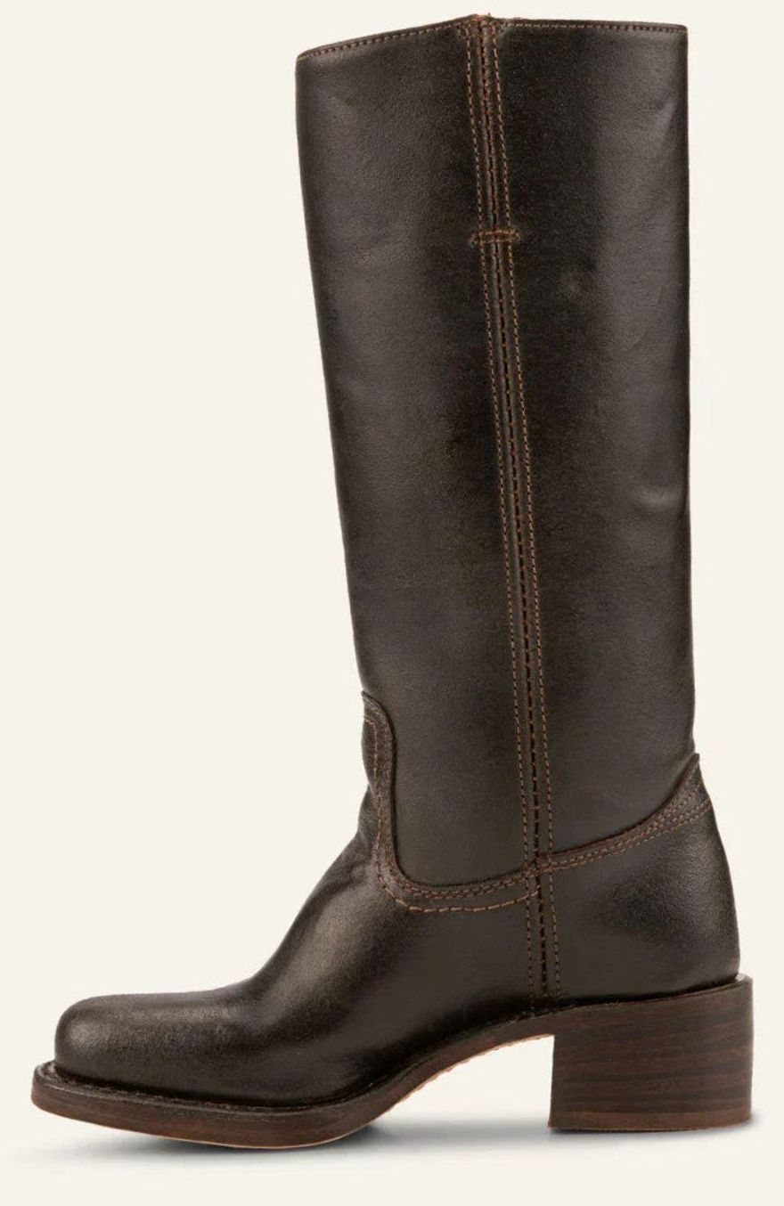 Side view of a dark brown leather boot with a stacked heel and square toe