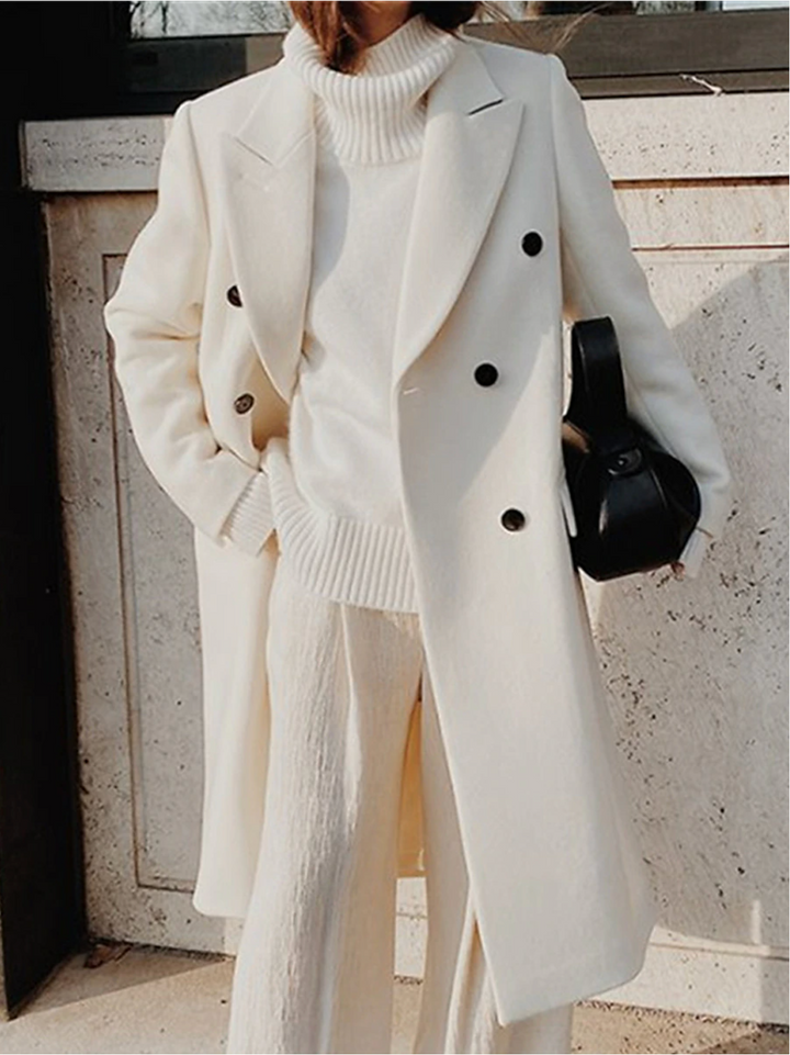 Double-Breasted Peak Lapel Coat in White | Valenira