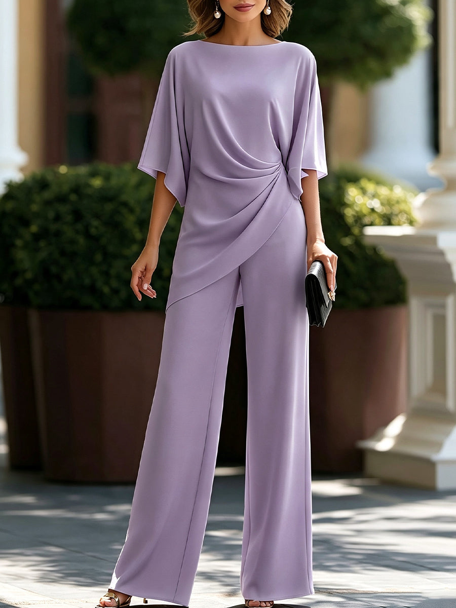 Lavender draped cape sleeve top and wide-leg pants set, front view
