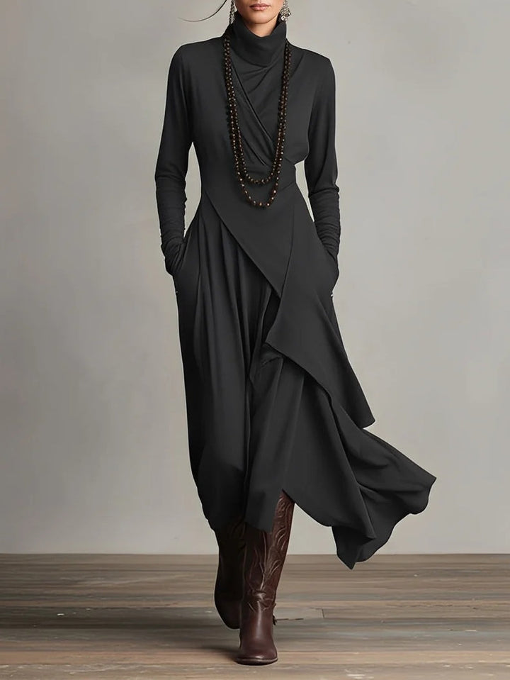 Draped Neck Maxi Dress in Black | Valenira