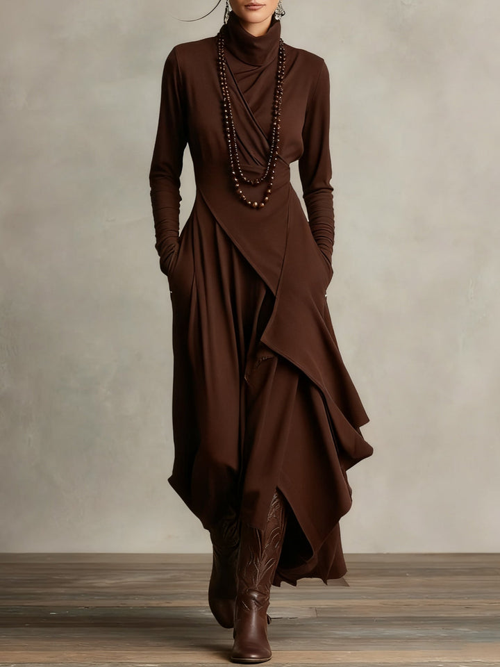 Draped Neck Maxi Dress in Brown | Valenira