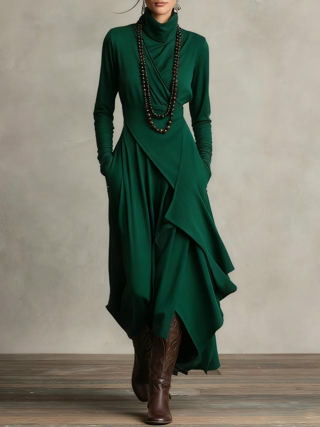 Draped Neck Maxi Dress in Green | Valenira