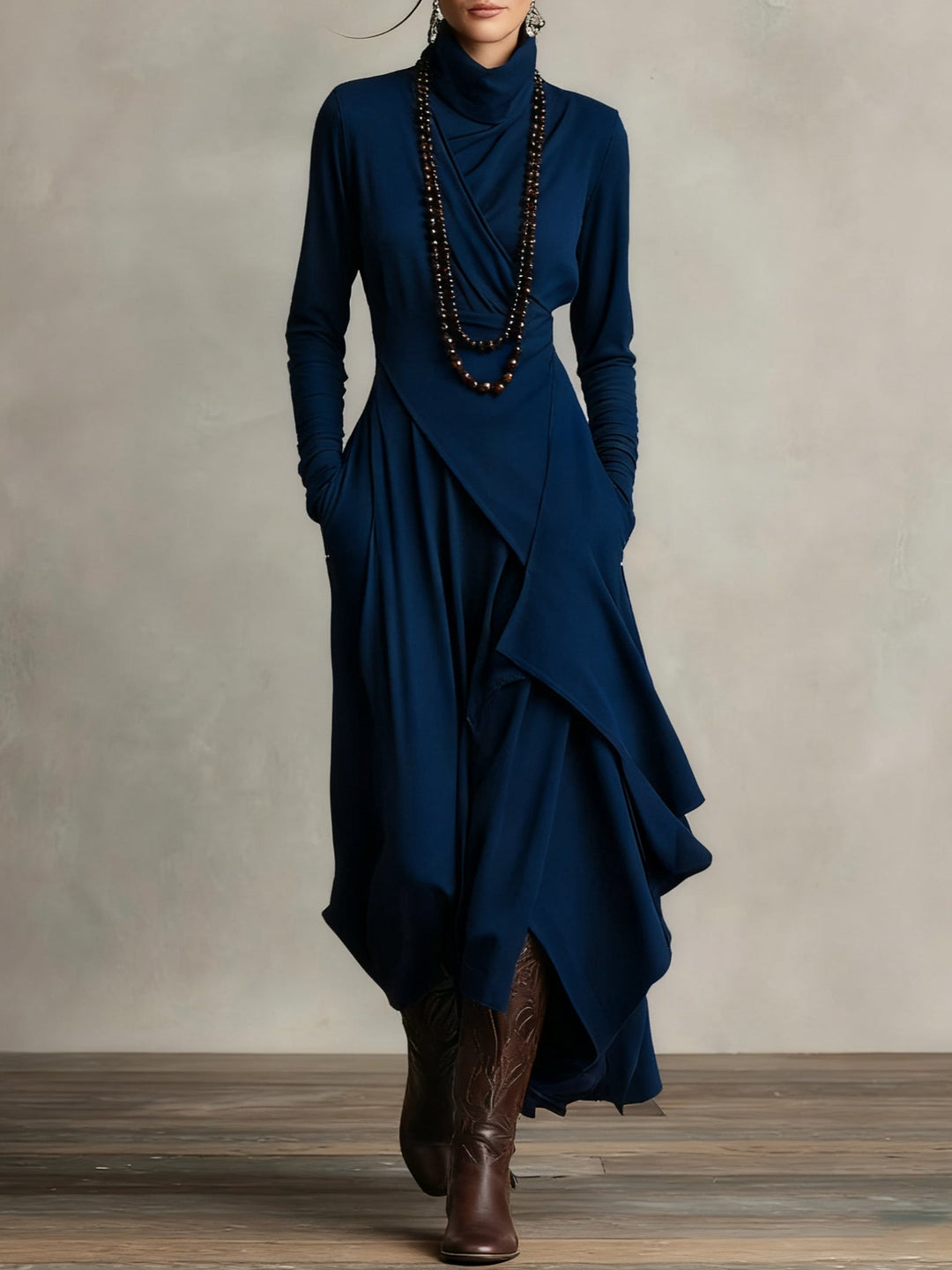 Draped Neck Maxi Dress in Navy | Valenira