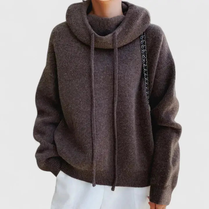 Drawstring Knit Hoodie in Brown | Valenira
