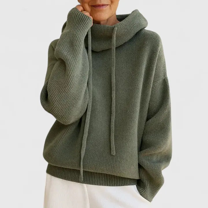 Drawstring Knit Hoodie in Green | Valenira