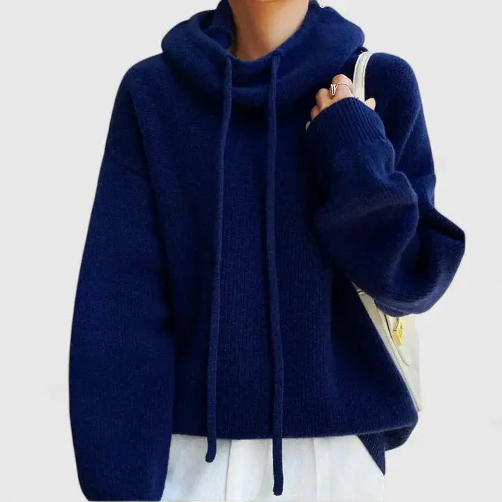 Drawstring Knit Hoodie in Navy | Valenira