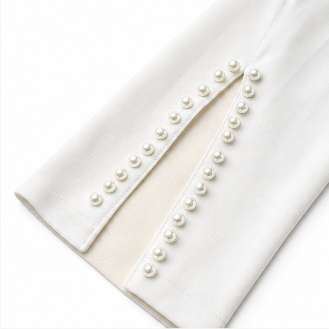 Close up of a white sleeve cuff trimmed with rows of small pearl beads