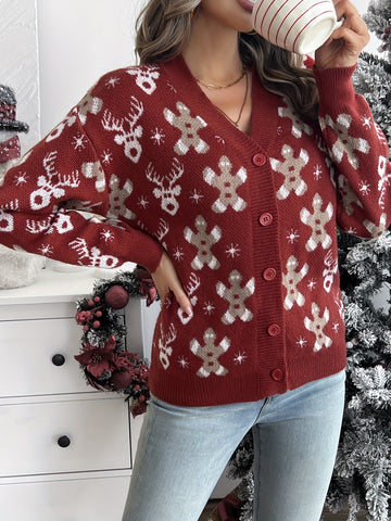 Snowflake Print Knit Button Cardigan