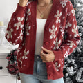 Red knit cardigan with gingerbread, reindeer and snowflake pattern and a buttoned front