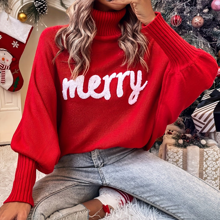 Red turtleneck sweater with white merry lettering and batwing sleeves, worn with jeans