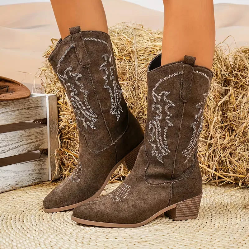 Dark brown suede embroidered western boots with a stacked heel