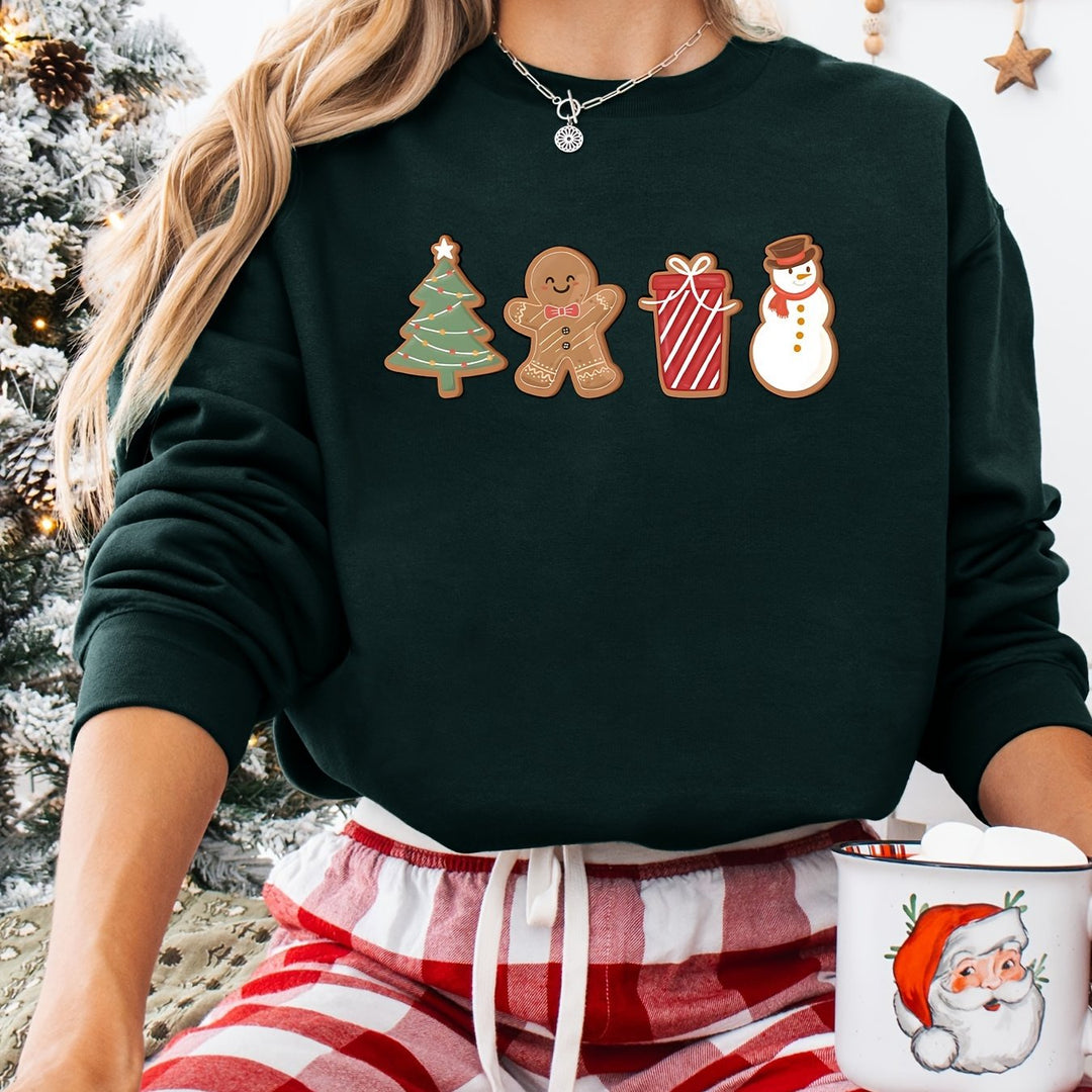Dark green sweatshirt with printed Christmas cookies, gingerbread man and snowman