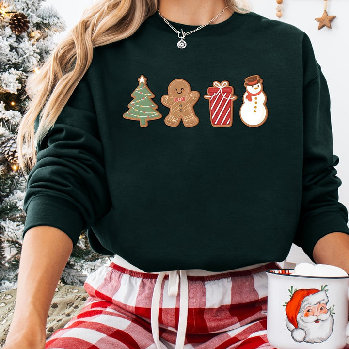Dark green sweatshirt with printed Christmas cookies, gingerbread man and snowman