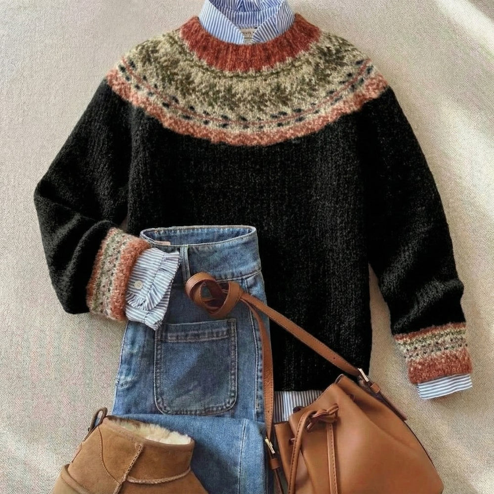 Fair Isle Yoke Sweater in Black | Valenira