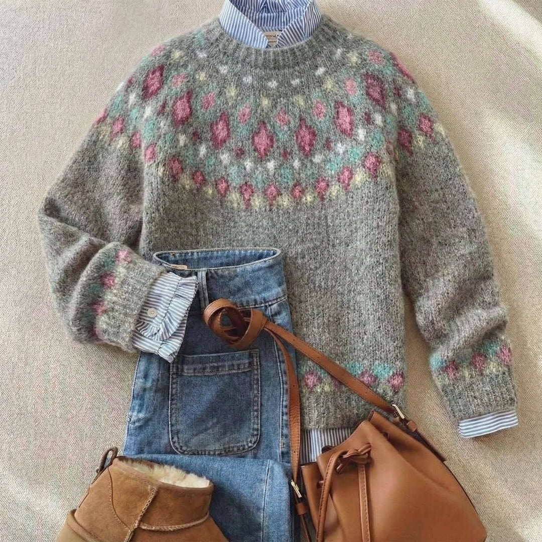 Fair Isle Yoke Sweater in Beige | Valenira