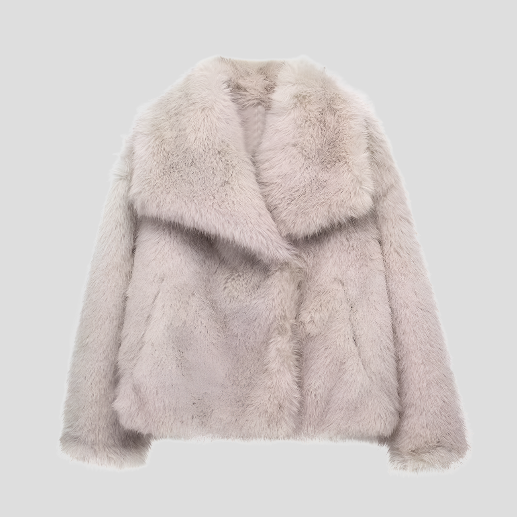 Wide-Collar Faux Fur Jacket in Red | Valenira