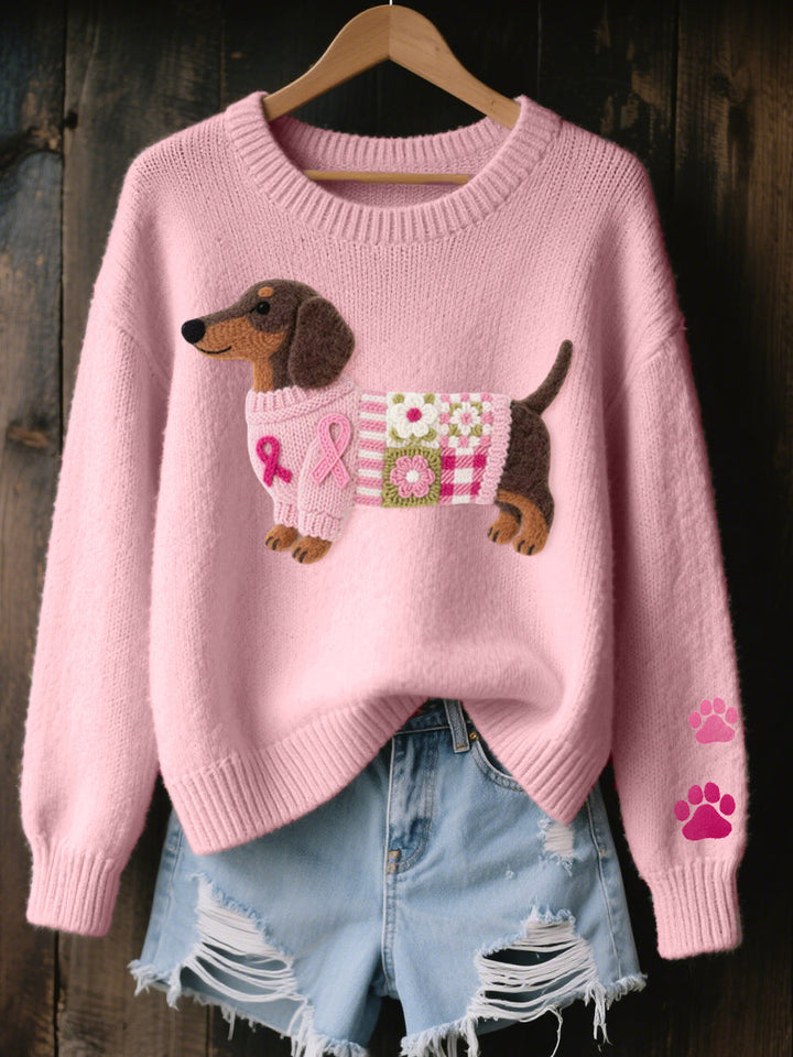Pink knit sweater with a felt dachshund motif, pink ribbons and paw prints on the sleeve