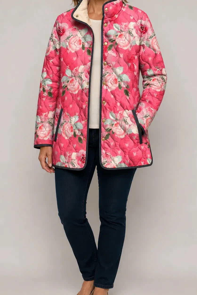 Pink rose print quilted jacket with a stand collar and sherpa lining