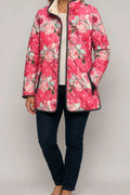 Pink rose print quilted jacket with a stand collar and sherpa lining