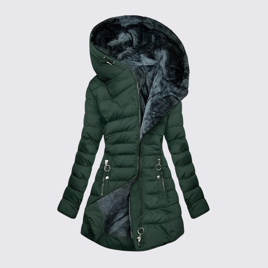 Dark green fitted quilted jacket with hood and gray faux fur lining, shown open
